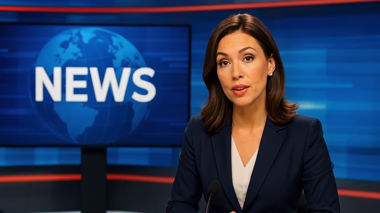 Un presentador de noticias en un plató de estudio, capturado desde un ángulo frontal, transmitiendo un programa.