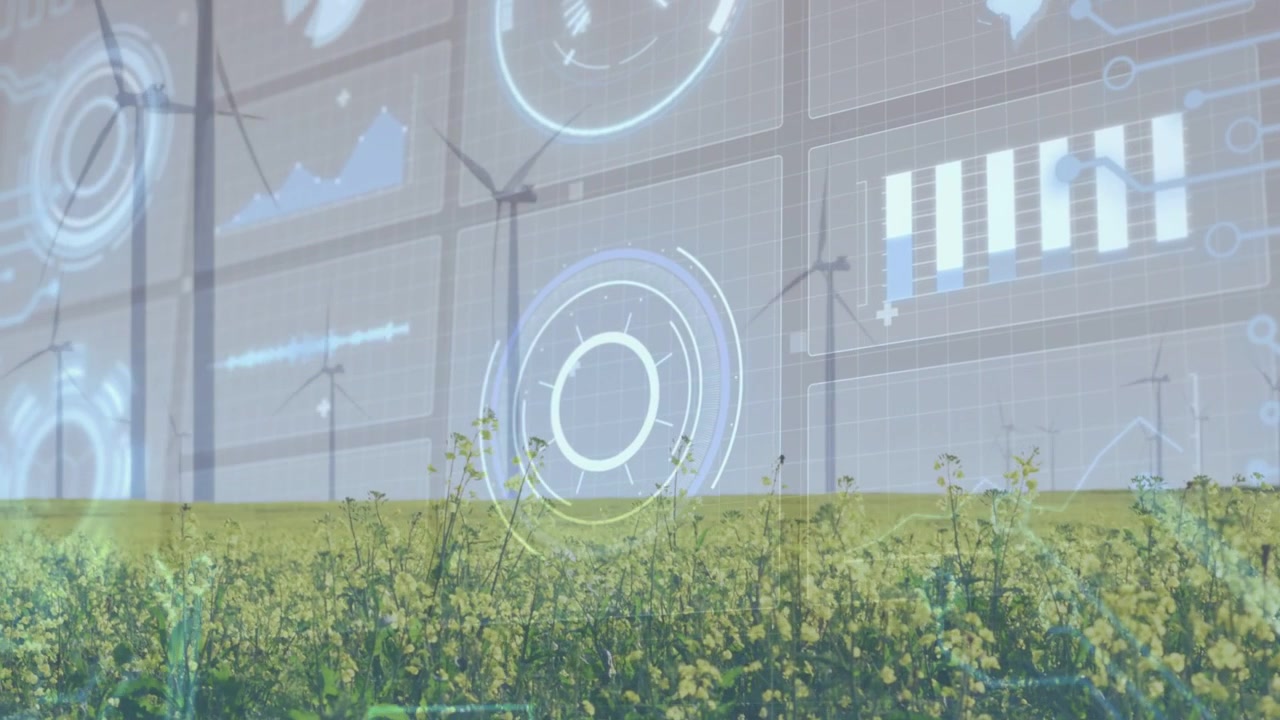 HUD appearing over yellow field, brightening, turbines rising, charts updating, visualizing energy