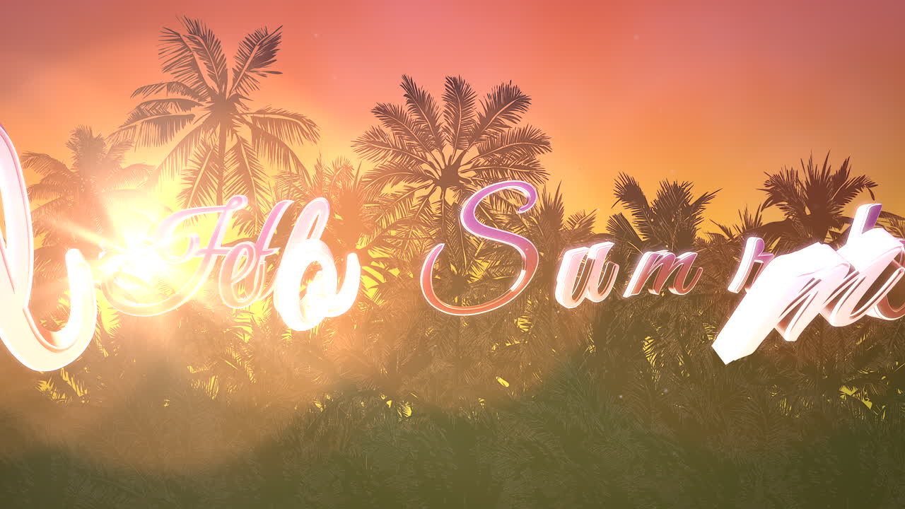 애니메이션 텍스트 안녕하세요 여름과 야자수와 일몰이 있는 열대 풍경의 탁 트인 전망 1