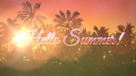 Animated-text-Hello-Summer-and-panoramic-view-of-tropical-landscape-with-palm-trees-and-sunset-1