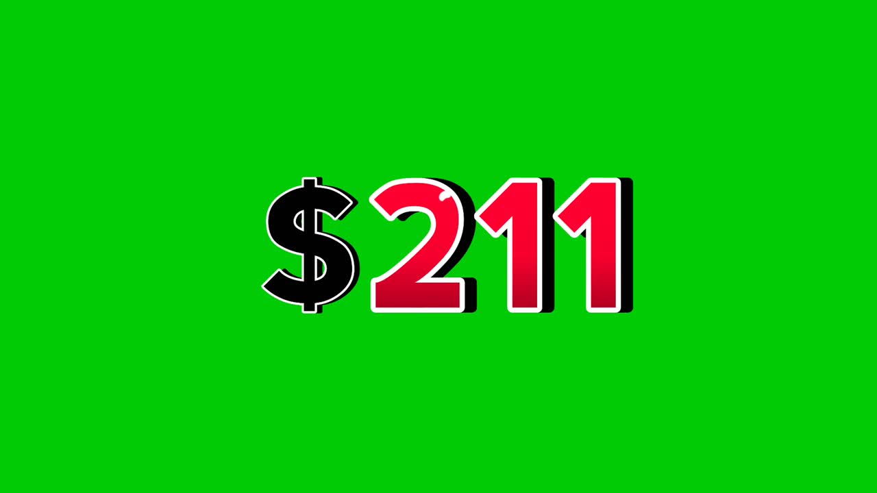 Animation number $211 dollar sign motion graphics with smoke effect green screen background vibrant red numbers. Video 3D effect with shadows for video elements business concept