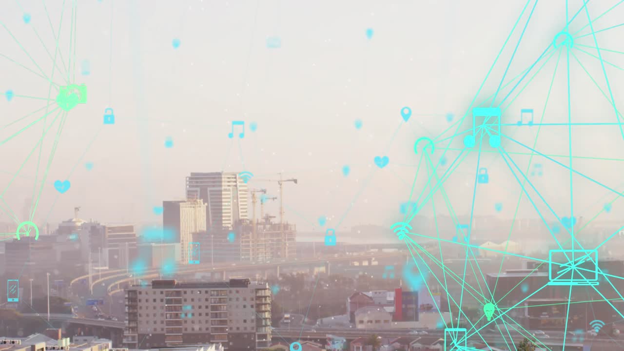 도시 풍경의 공중 시야를 반영하여 회전하는 디지털 아이콘의 지구상의 애니메이션