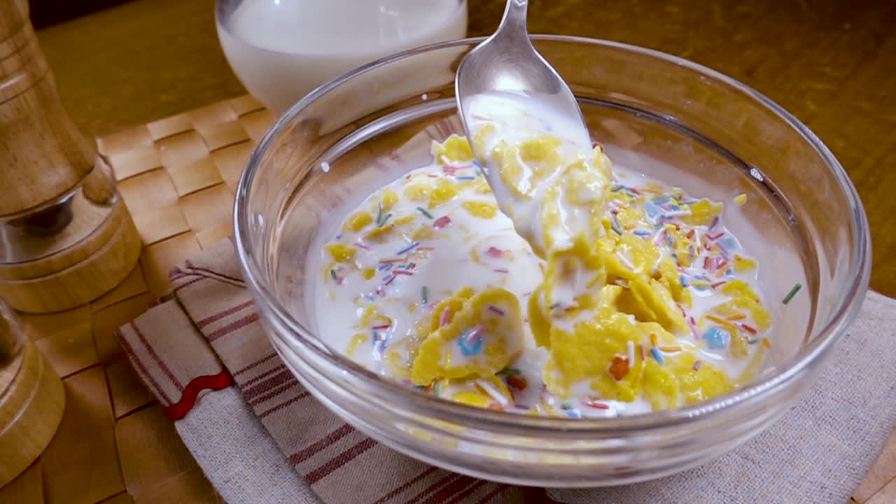 Fiocchi di mais gialli croccanti nella ciotola per una deliziosa colazione mattutina con latte. Slow motion con ripresa rotatoria.