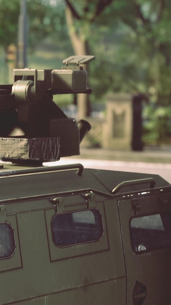 Military vehicle is parked near trees on city street during daytime