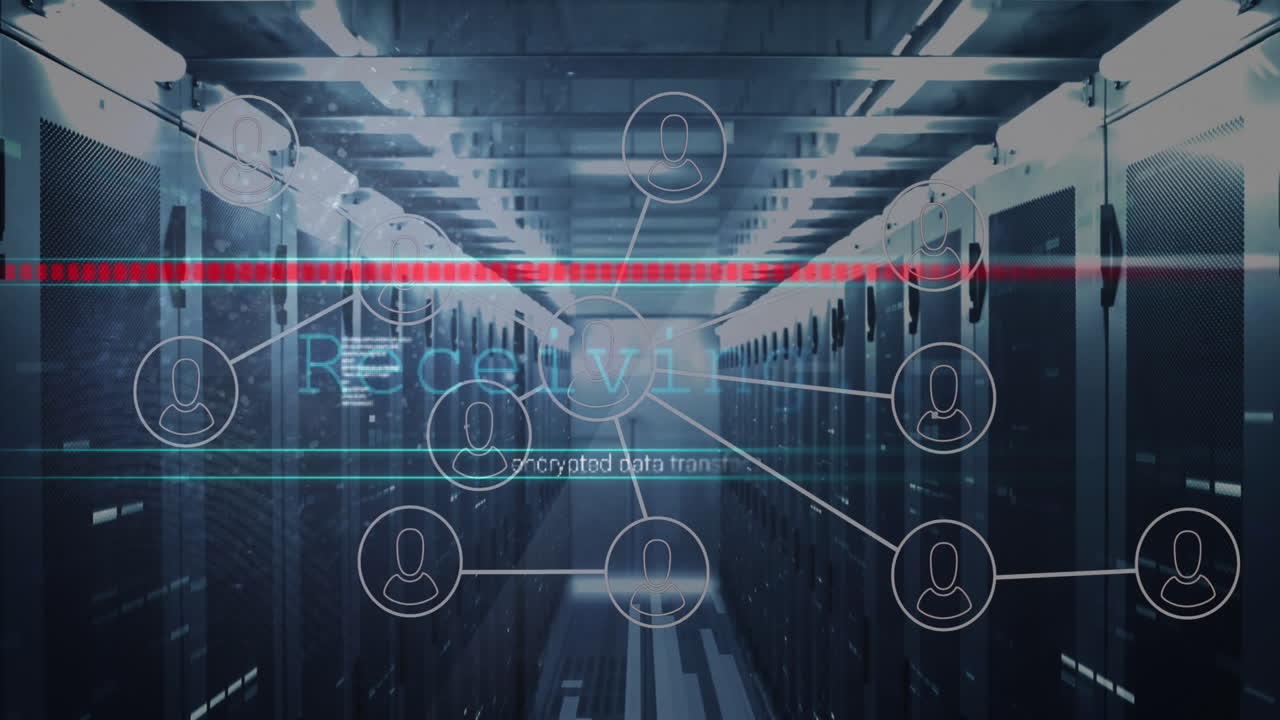 animación del procesamiento de datos y la red de conexiones con iconos sobre la sala del servidor.