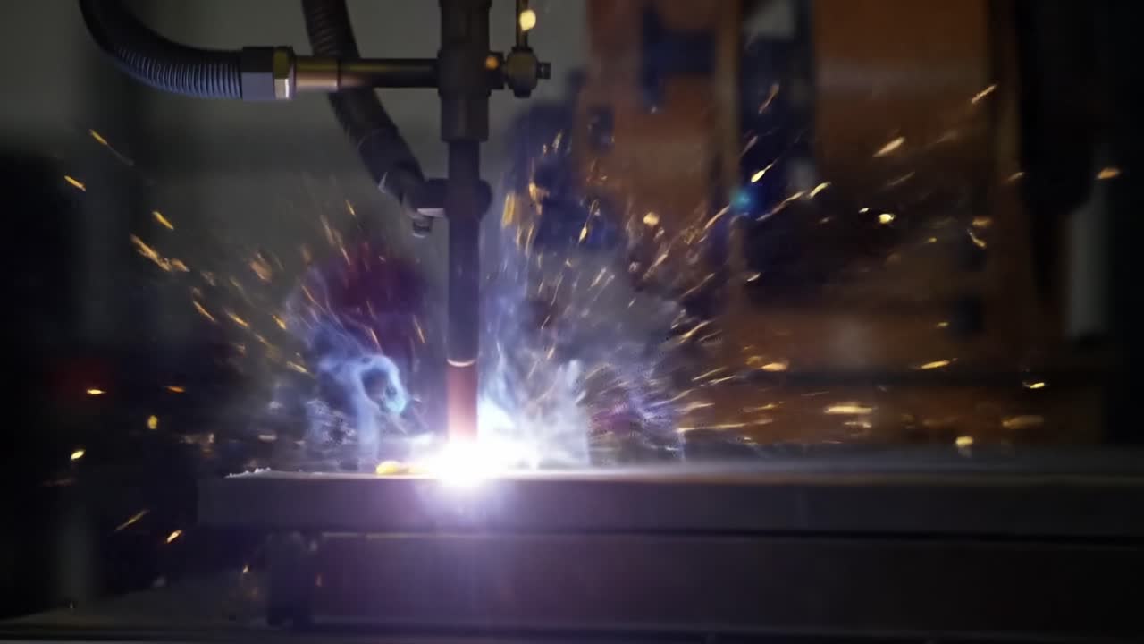 Intense Close-Up of a Robotic Welding Process Producing Bright Sparks and Flames While Joining Metal Plates in a High-Tech Industrial Setting