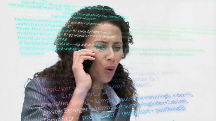 Talking on phone, woman with programming code animation in background