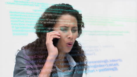 Talking-on-phone,-woman-with-programming-code-animation-in-background