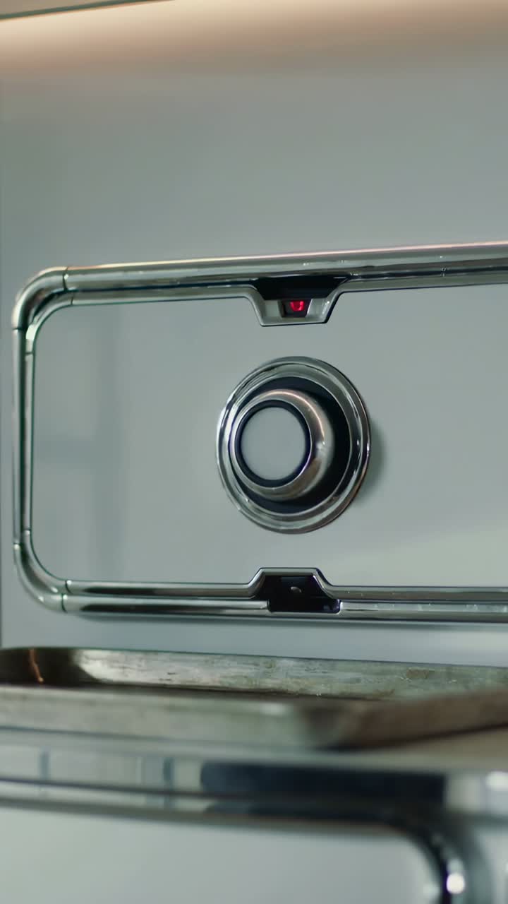 Vertical video: Light flashing steel oven pushing clear box onto metal tray with veggies when done