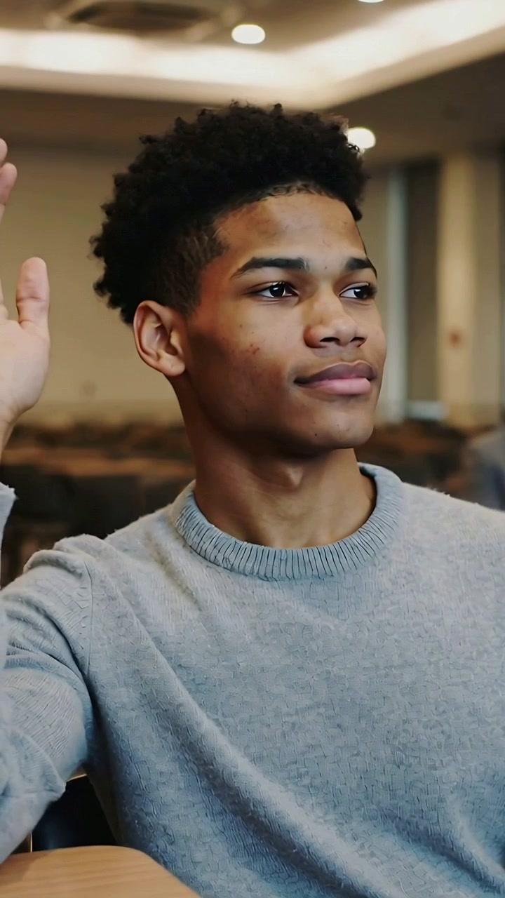 Vertical video: Raising teen on prompt, lifting right hand in lecture hall, gray sweater at desk