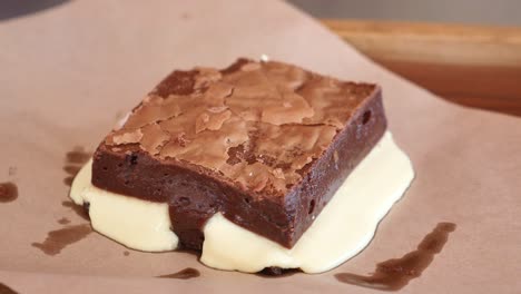 close-up of a delicious chocolate brownie with creamy filling