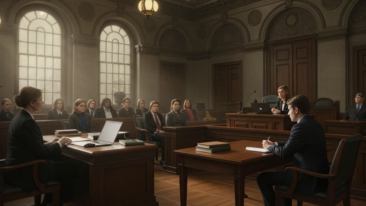 A Dramatic Courtroom Scene: Tension Unfolds as the Judge Presides Over a Crucial Trial with Attorneys Engaging in Heated Debate Before Attentive Jury Members