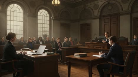 a dramatic courtroom scene: tension unfolds as the judge presides over a crucial trial with attorneys engaging in heated debate before attentive jury members