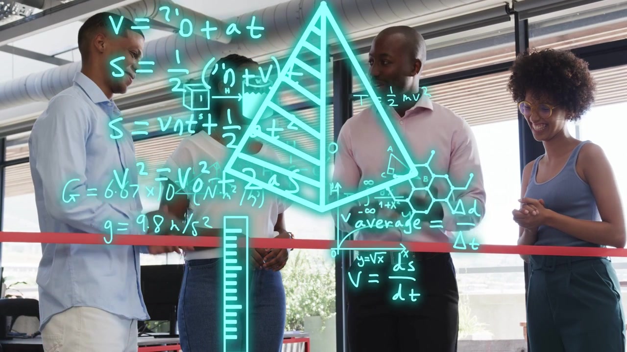Team holding red ribbon and tapping tablet, creating teal science overlay amid group with graphs