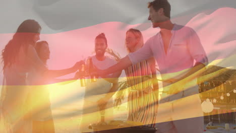 barbecue on beach with friends, german flag animation overlaying scene