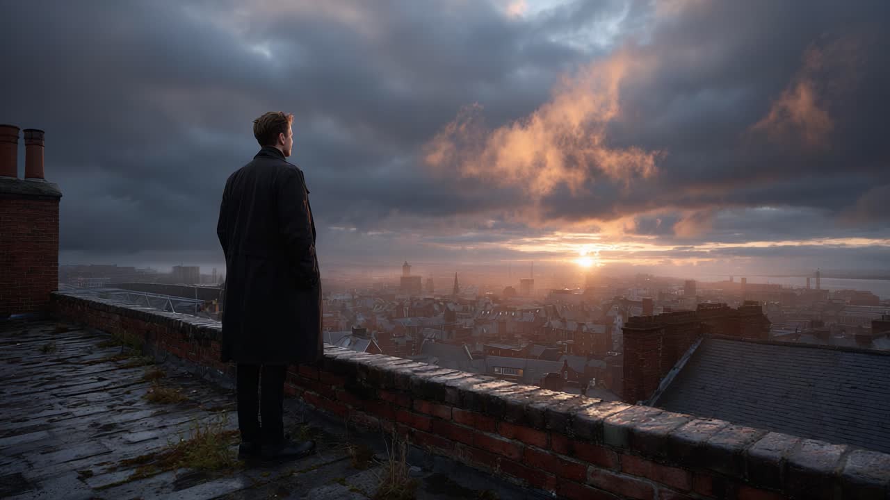 A man in a long coat stands pensively on a rooftop as the sun sets dramatically over a cityscape, casting vibrant colors across the cloudy sky and illuminating the urban skyline