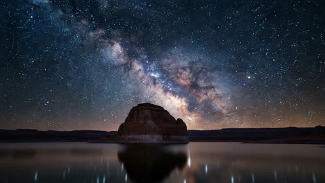 milky way over a desert lake with a prominent rock formation at night