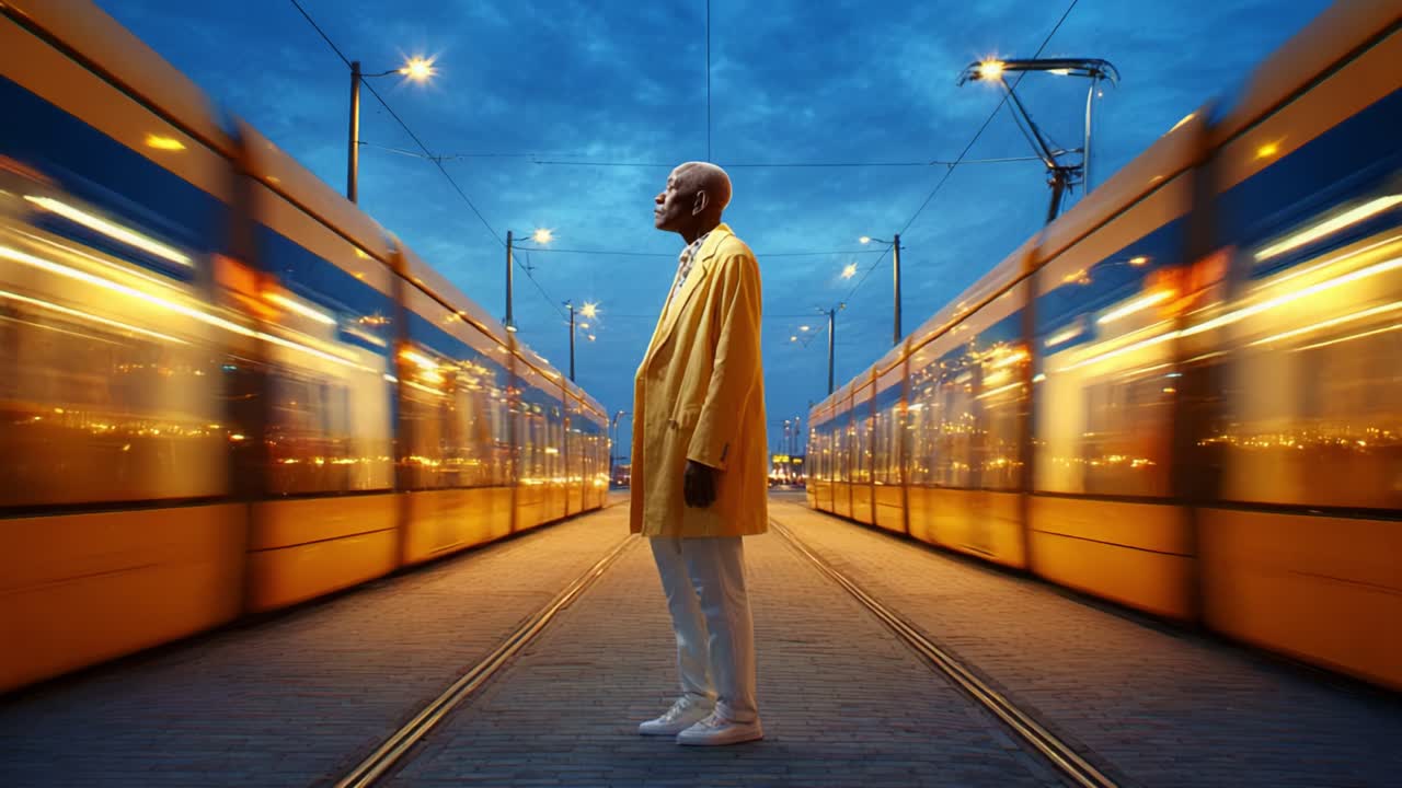 A solitary figure in a striking yellow coat stands amidst the blurred motion of passing trams, reflecting the calmness of stillness against the whirlwind of urban transit at dusk