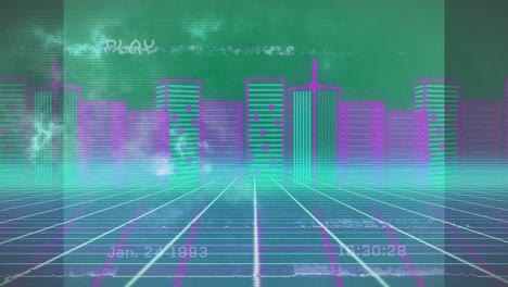 animation of screen with glitch over city in metaverse space