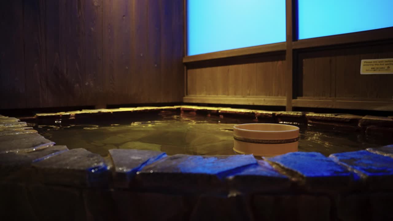 Japanese Onsen Bath, Low Angle Pan Shot of Ofuro