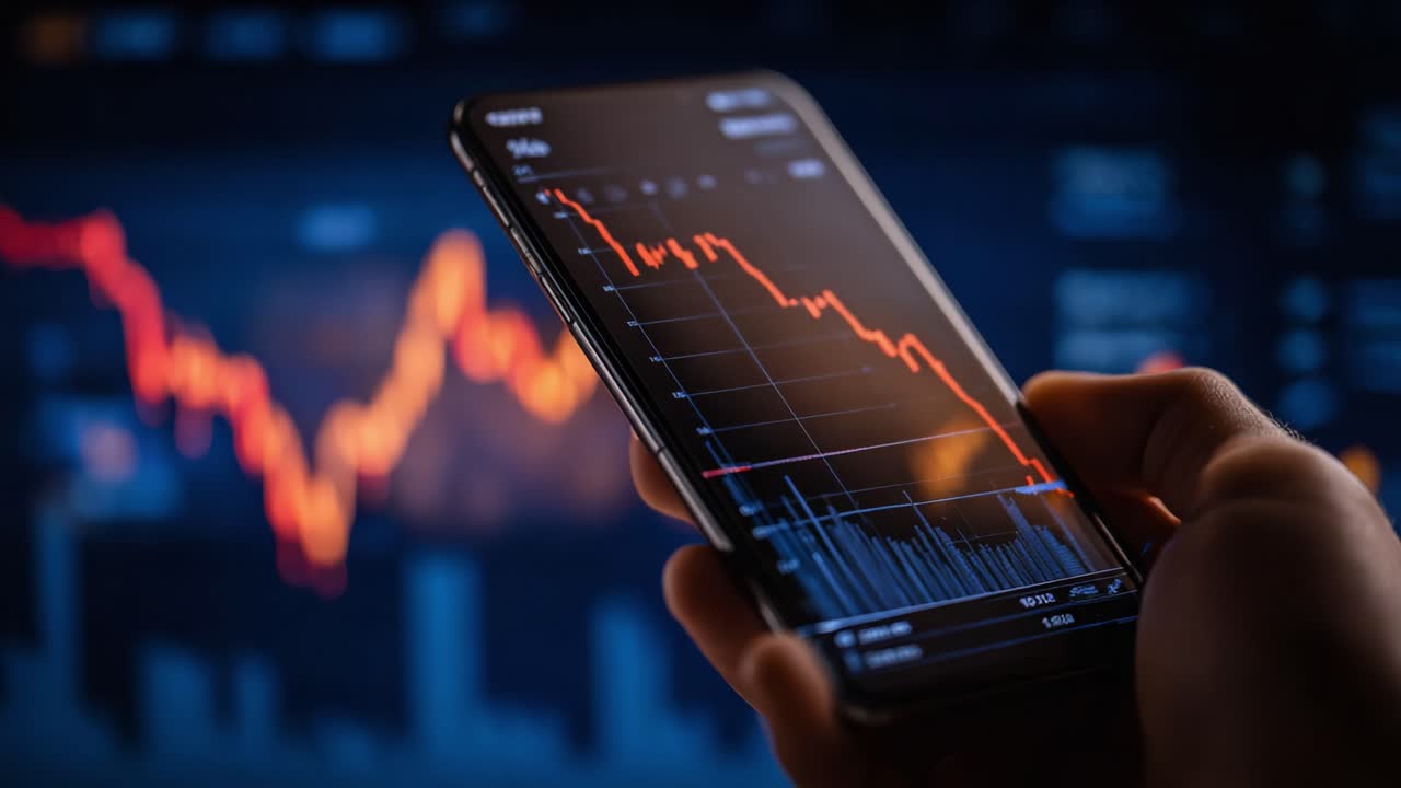 Analisi delle Tendenze di Mercato: Una visione ravvicinata delle fluttuazioni dei prezzi delle azioni su uno smartphone che mostra approfondimenti grafici sui dati.