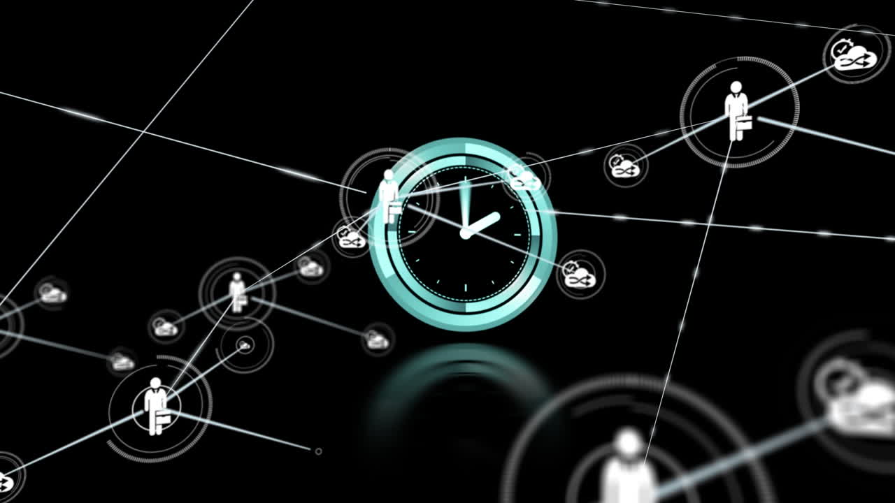 Animation of network of connections with icons over clock