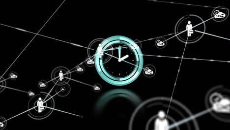 animation of network of connections with icons over clock