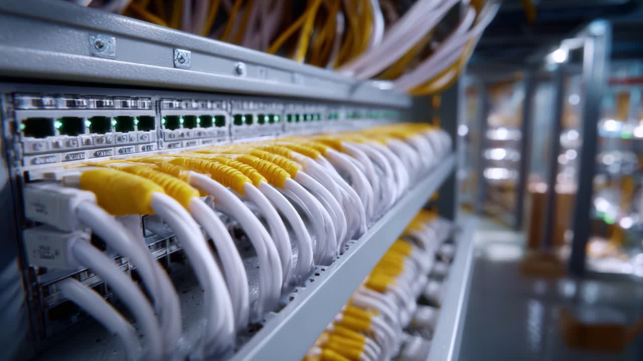 High-Tech Data Center Infrastructure Showcasing Network Cables and Switches for Efficient Data Transmission and Connectivity in Modern IT Environments