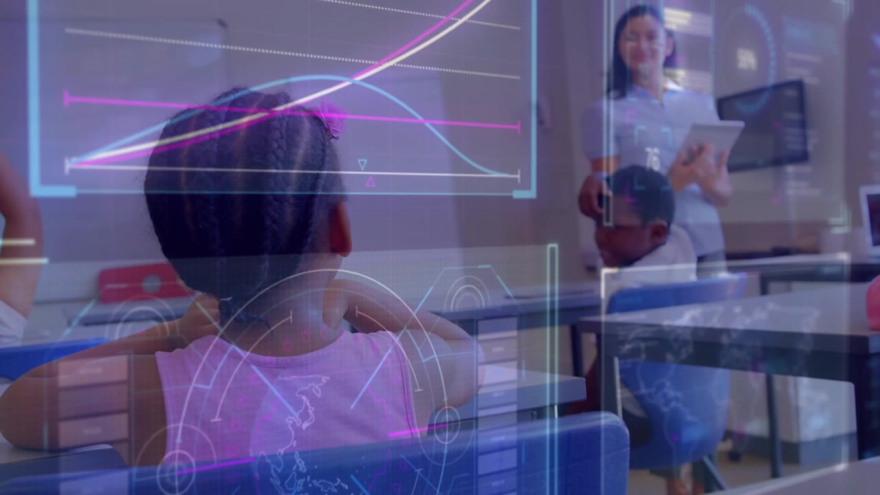 Girl shifting hands from neck to desk while teacher presenting, holographic graph guiding lesson