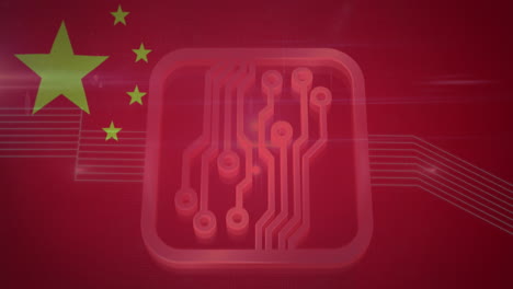 animation of computer circuit board with data processing and flag of china
