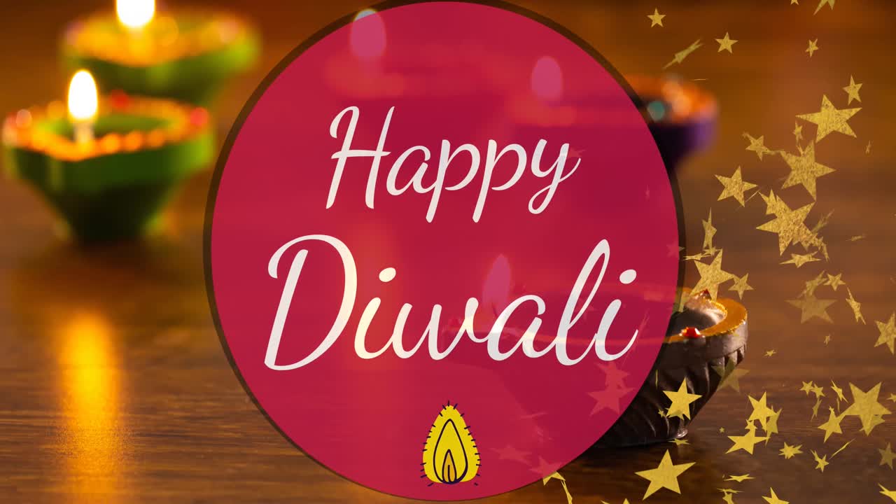 Animation of happy diwali text on red circle, with golden stars, over lit candles on table