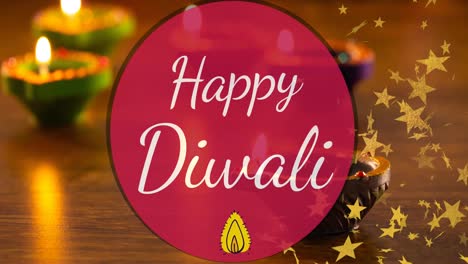 animación del texto feliz de diwali en círculo rojo, con estrellas doradas, sobre velas encendidas en la mesa
