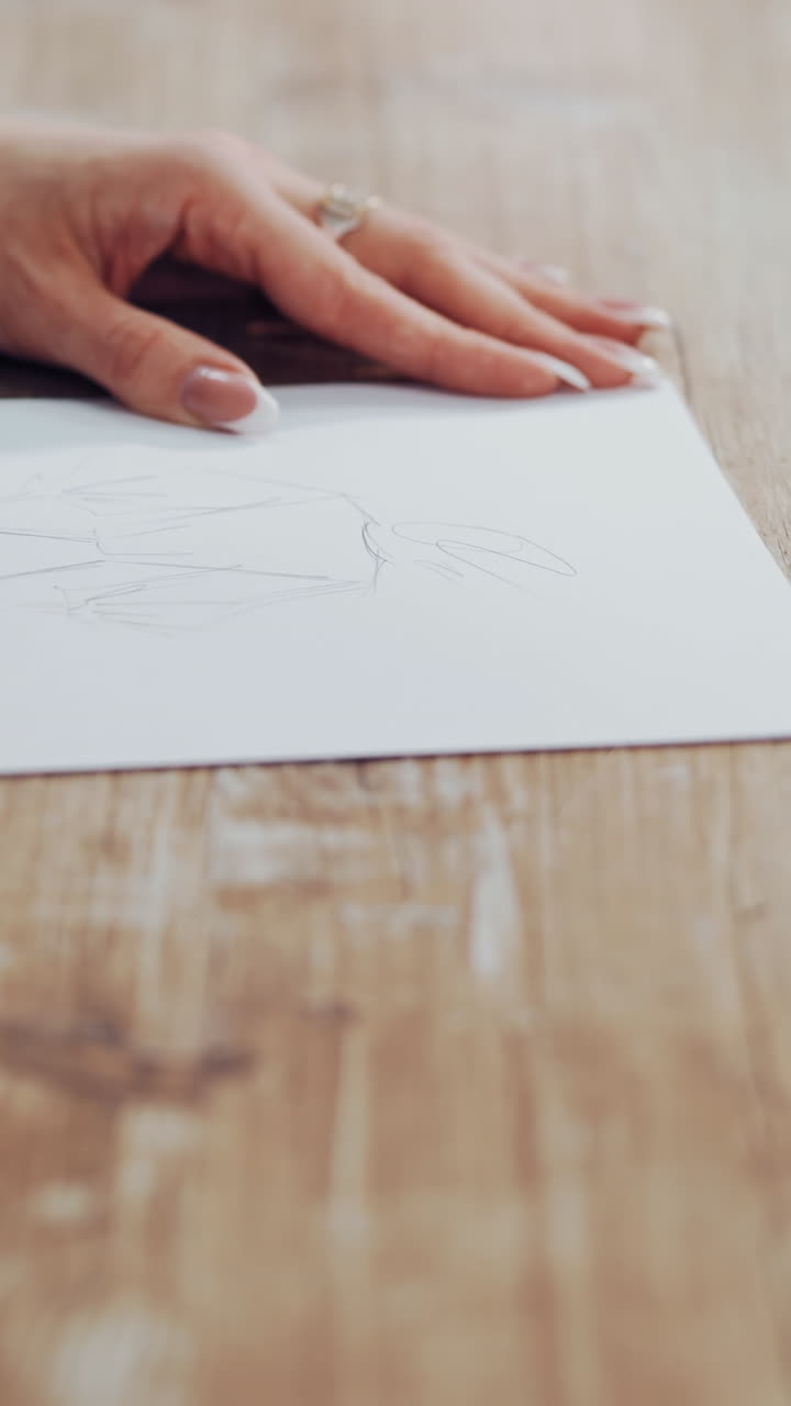 Dressmaker is drawing a creative design of a modern clothing indoors. Female's hands of a young tailor on the wooden table with a pencil. Feminine hobby. Vertical video