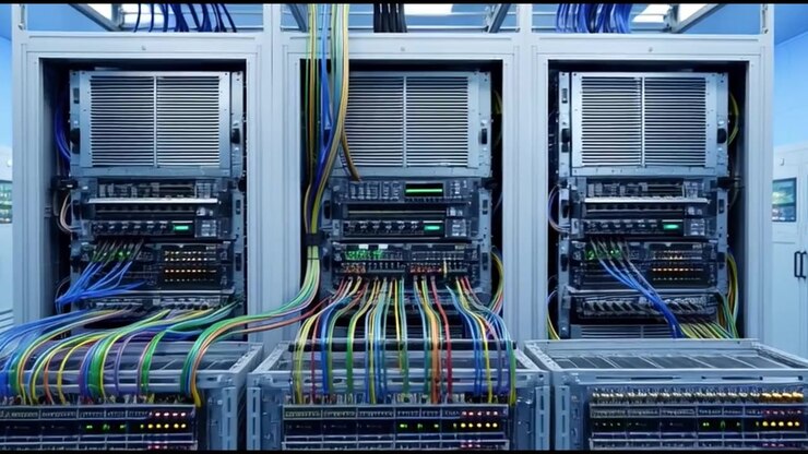 Dolly Shot Moving Toward Server Racks in a Data Center