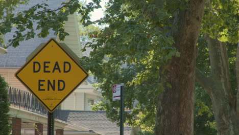 Dead-End-Street-Sign-Surrounded-by-Green-Leafy-Trees-In-A-Suburban-Neighborhood-During-The-Daytime-in-Brooklyn,-New-York