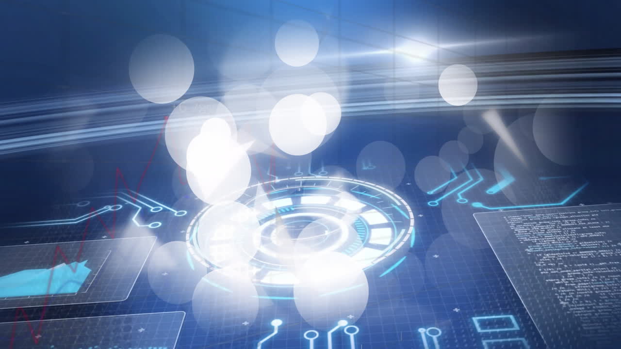 Animated holographic HUD display floating over digital grid, emitting light streaks and arrow icons