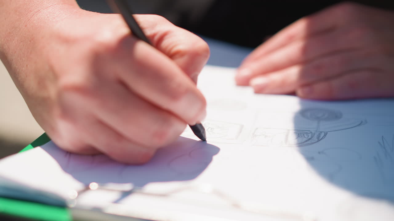 Close up of woman sketching car design with pencil on paper outdoors, sunlight illuminating hands and drawing lines, capturing focused movement, creativity, and artistic precision