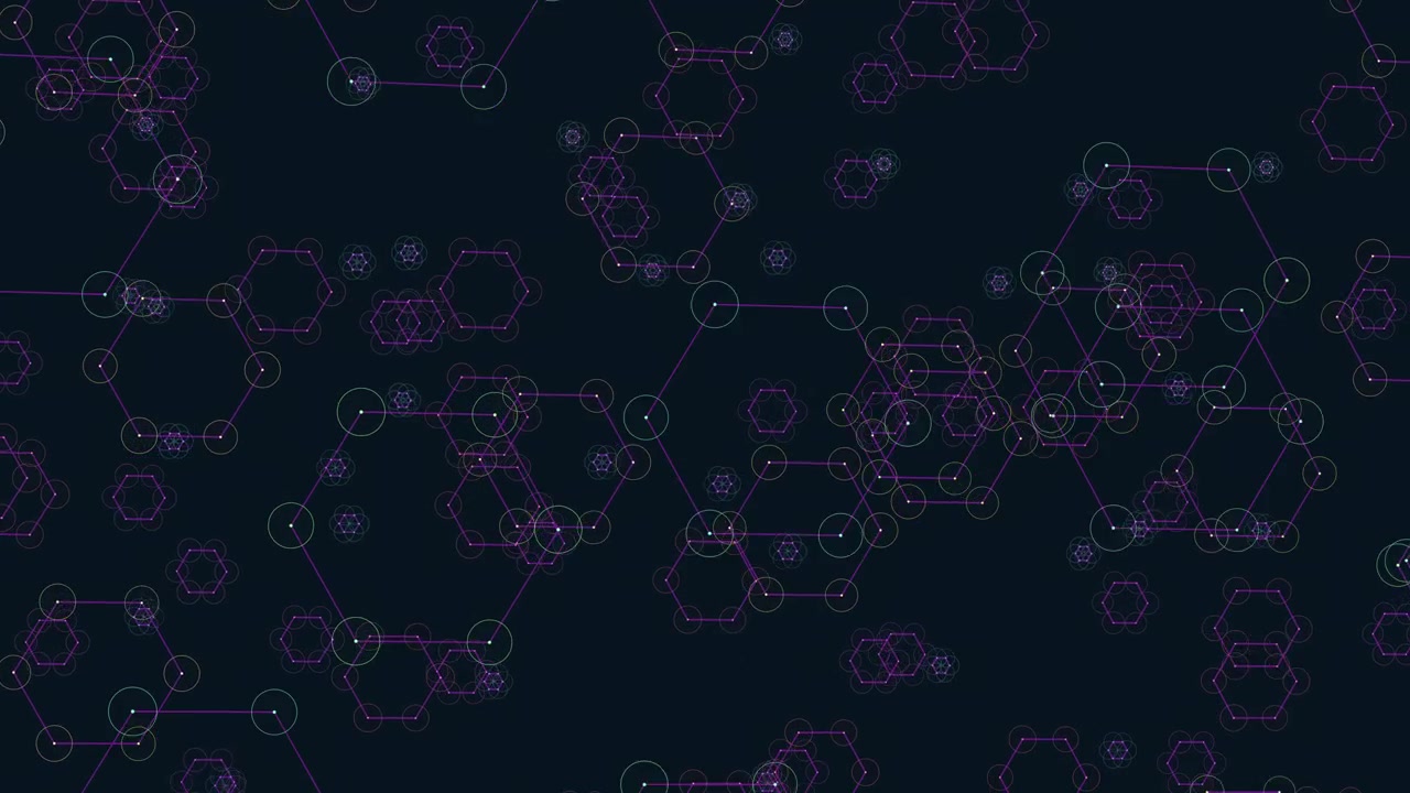Hexagons futuristic pattern with neon dots on dark gradient