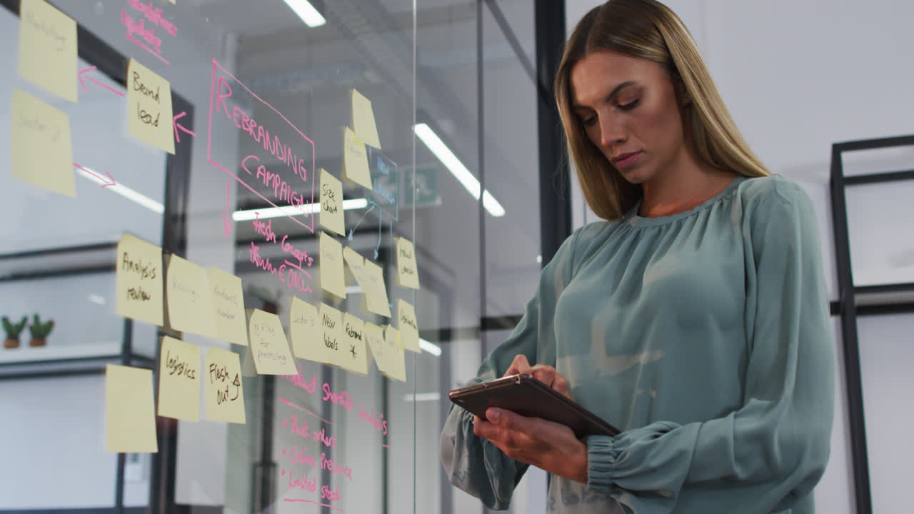 Caucasian businesswoman using tablet brainstorming and reading memo notes on glass wall in office