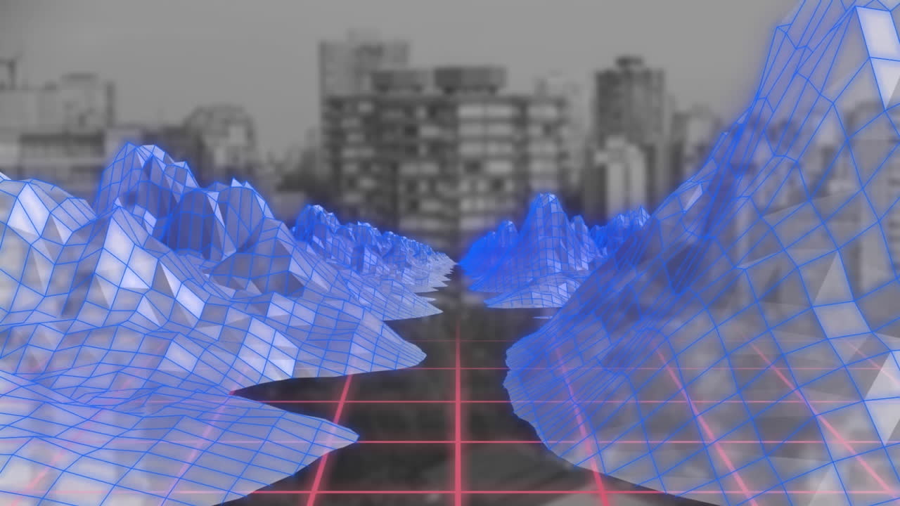 도시 풍경 위의 그리드에서 메타버스의 애니메이션