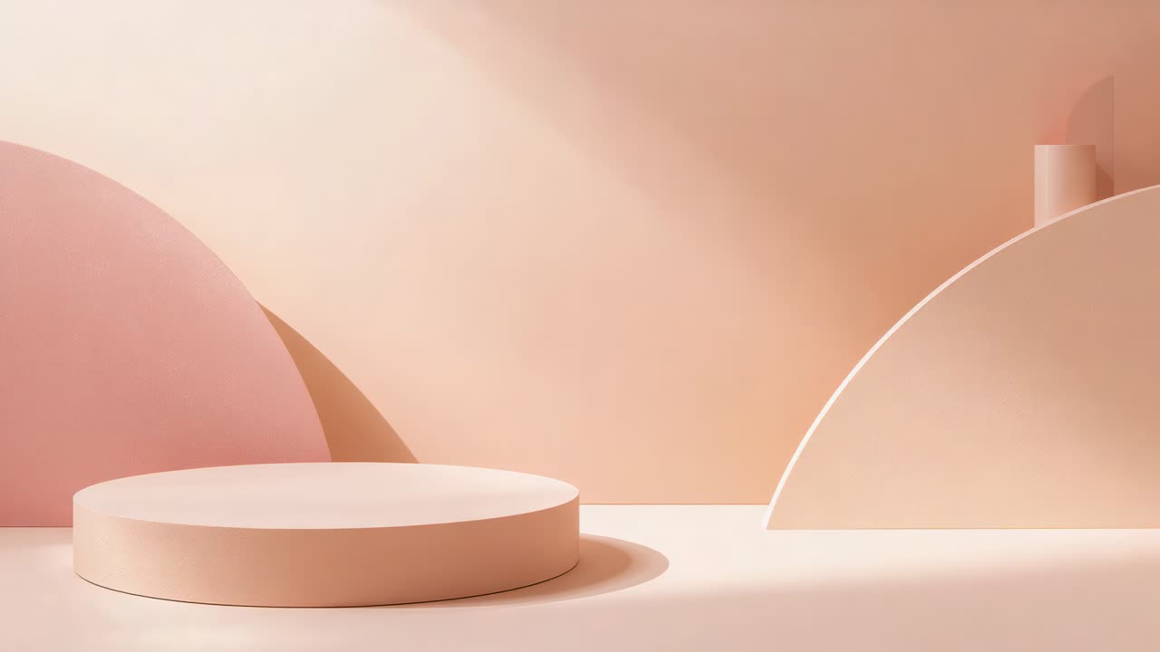 Rivelando un podio circolare opaco, con una luce che attraversa uno studio dai colori pastello, accentuando i pannelli curvi.