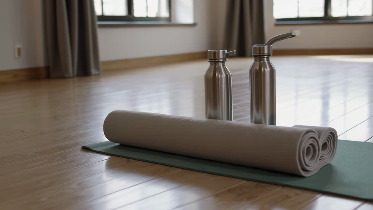 Yoga Mat and Water Bottles in a Studio