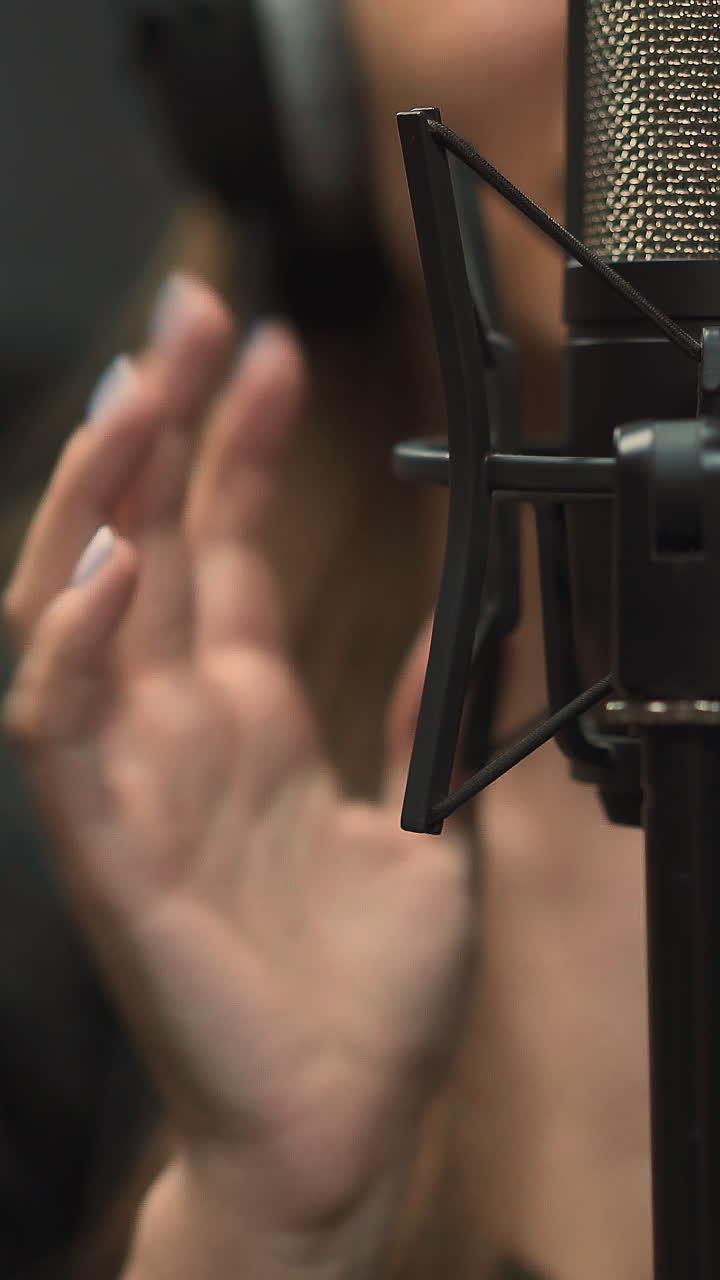 Blurry professional woman singer in black clothes records new song in contemporary audio studio focus on microphone and hand extreme close view