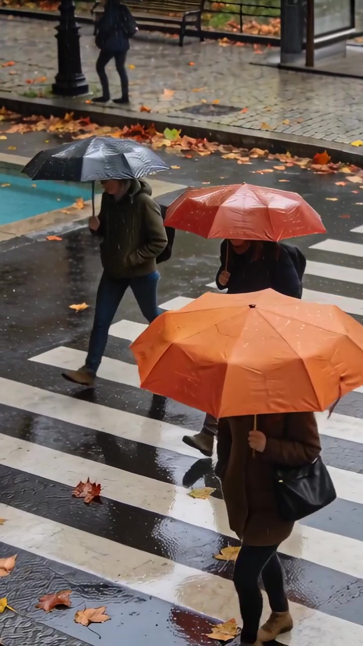 Vertical video: Crossing group walking at zebra crosswalk after third step with umbrellas to curb