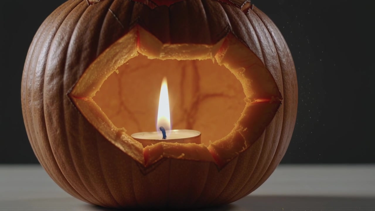 Flickering tealight being lit inside carved pumpkin casting glow on gray tabletop, revealing dust