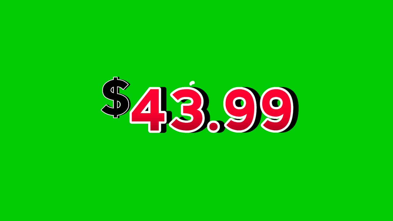 $43.99 Dollars price tag animation motion graphics in bold red numbers on green screen background with smoke effects.dollar symbol is displayed prominently perfect promotions, ads, banners, marketing
