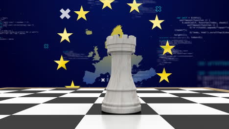 animation of rook on chess board, computer language and map over european union flag