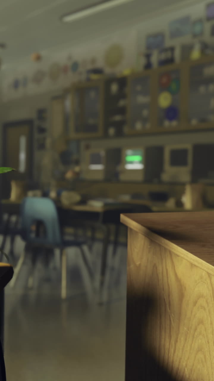 Aula con banchi e computer durante una giornata scolastica in un ambiente tranquillo.