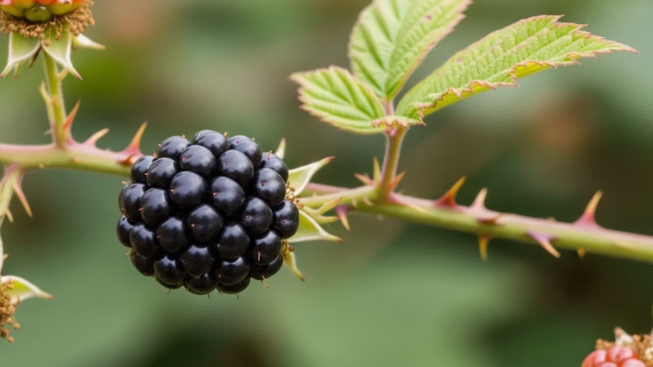 A Close-Up View of Ripening Blackberries on Thorny Stems, Showcasing the Unique Texture and Color of the Berries Against a Soft Blur of Green Background
