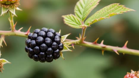 a close-up view of ripening blackberries on thorny stems, showcasing the unique texture and color of the berries against a soft blur of green background